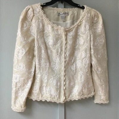 MARIE ST. CLAIRE VINTAGE Size 10 Zip JACKET TOP Pearls Trim Appliqué Beige Party - Image 1 of 4