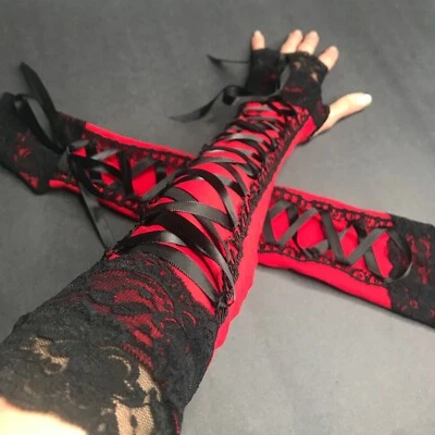 Long Black Lace Up Gloves Corset Fingerless Sleeves Red Steampunk Halloween Goth - Image 1 of 4