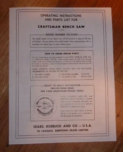 SEARS CRAFTSMAN 8 INCH BENCH SAW OWNERS MANUAL 103.21041 21041 TABLE - Picture 1 of 1
