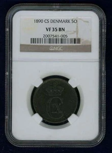 DENMARK CHRISTIAN IX  1890-CS  5 ØRE CERTIFIED NGC VF35, SCARCE DATE!! - Picture 1 of 4