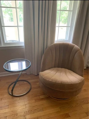 MCM Milo Baughman Swivel Chair Taupe Beige Brass Clam 1980’s by Thayer Coggin - Image 1 of 4