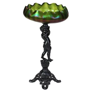 Antique Loetz Art Nouveau Compote With Iridescent Green Glass Bowl c1890 - Picture 1 of 12