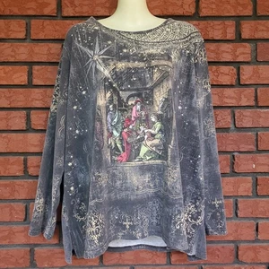 VTG Y2K Jason Maxwell Woman 2X Long Sleeve AOP Graphic Embellished Baby Jesus - Picture 1 of 12