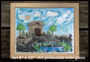 New 8” x 10” Modern Farm Art Glass Mosaic Pebble Art Wall House Decor, Sea Beach - Picture 1 of 9