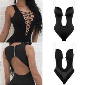 Women Deep V Bodysuit Backless U Plunge Bra Body Shaper Thong Dress Underwear - Picture 1 of 18