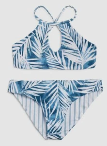 $196 Splendid Girls' Blue Reversible Palm Print & Striped 2-Piece Bikini Size 12 - Picture 1 of 1