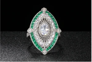 Vintage style Art Deco Cocktail Ring green cubic zirconia geometric oval silver - Imagen 1 de 12