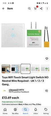 Tuya Smart Wifi Touch Light Switch NO Neutral Wire Required - UK 1/2/3 Gang --- - Image 1 of 3