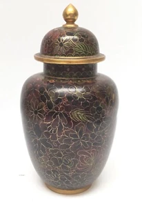 "Hermoso tarro urna cloisonné esmalte floral pequeño de 8"" con tapa latón marrón" - Imagen 1 de 4