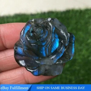 Natural Labradorite Stone Carved Roses Quartz Crystal Flower Statue Healing Gift - Picture 1 of 18