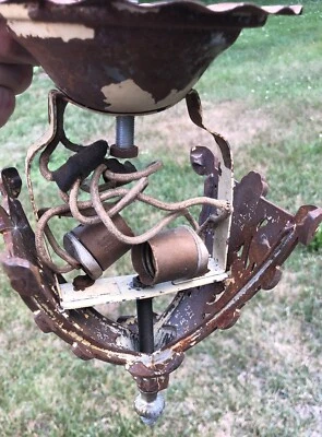 Antique ART DECO 2 Slip Shade CHANDELIER Hanging CEILING LIGHT Fixture VINTAGE - Image 1 of 4