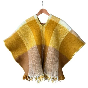 Poncho manta de lana pesada de colección flecos a cuadros dorado amarillo tostado blanco - Imagen 1 de 7