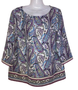 J Jill Womens Size PM Purple Blue Paisley Top Split Back Flowy Boho Laganlook - Picture 1 of 8