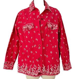 Vintage Y2K red bandana print denim jacket, beaded embellished paisley oversized - Picture 1 of 19