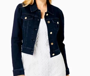 Lilly Pulitzer Laylani Denim Jacket Dark Blue Puff Sleeves Size XXS $178 - Picture 1 of 6