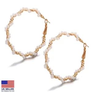 Fashion Women Pearl Hoop Gold Jewelry Earring Winding Pearl Boho Style Stud 1007 - Picture 1 of 4