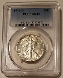 1946 D Walking Liberty mezzo dollaro MS64 PCGS patina leggera - Foto 1 di 4