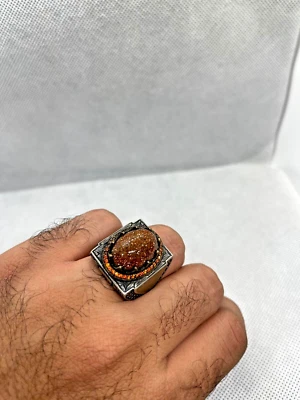 Anillo de piedra de oro hecho a mano plata 925 naranja esterlina para hombre talla 10,5 EE. UU. Foto 1 de 4