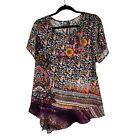 One World Energe Tunic Sheer Short Sleeve Embroidery Animal Floral print