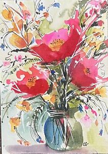 Original Signed Watercolor Painting. Colorful Bouquet. Roses. Tulips. 5x7