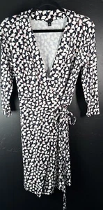 ANN TAYLOR $129 Stretch Navy Beige Printed True Wrap Dress Size 6 Petite - Picture 1 of 7