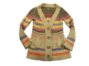 Free People Cardigan Duster Sweater Tan Large Oversized Colorful Striped Pockets - Picture 1 of 17