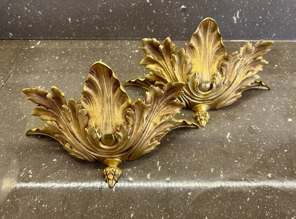LUCIEN GAU SPLENDIDE PAIRE APPLIQUES BRONZE DORÉ ACANTHES HOLLYWOOD REGENCY 70’s - Photo 1/4