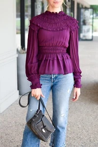 Farm Rio (NWT) Womens High Neck Ruffle Viscose Burgundy Blouse Top XS - Picture 1 of 11