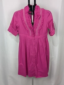 Love Stitch Women Roll up Sleeve Pink Fuchsia 100% Cotton Short Dress M - Picture 1 of 7