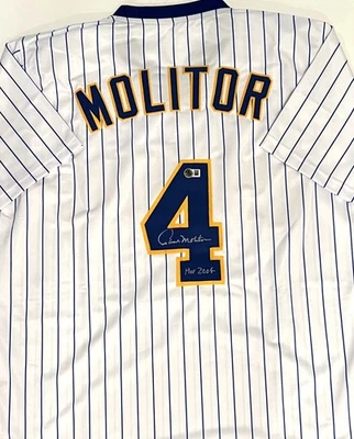 Brewers PAUL MOLITOR Signed Custom Replica PINSTRIPE Jersey AUTO w/ HOF 04 - BAS - Image 1 of 2