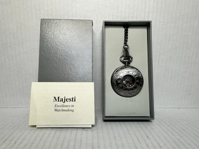VINTAGE MAJESTI MECHANICAL POCKET WATCH SKELETON DIAL PEWTER TONE 17 JEWELS - Image 1 of 4