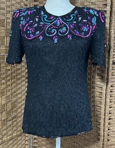 Vtg SCALA Womens Medium Short Sleeve Silk Sequin Beaded Top Black Floral 80s - Picture 1 of 11