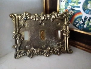 Vintage 1960s Brass Floral Toggle Light Switch Plate Cover Triple Gang Gold Rose - Picture 1 of 5