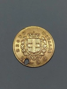 Moneta Oro 5 Lire Vittorio Emanuele 1863 Torino Forata Ma Eccellente Conservazio - Foto 1 di 10