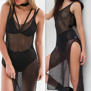Frauenkleid Polyester Schier Schlinge Schwarz Sexy Sommer Badebekleidung - Picture 1 of 20