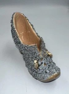 Vintage Miniature Shoe Ceramic Luis XI Style High Heeled Spaghetti Lace Signed - Picture 1 of 7