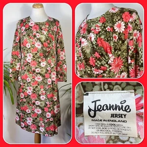 Abito vintage anni 60 Jeannie rosa corallo verde floreale aderente mod taglia L 16 18 - Foto 1 di 8