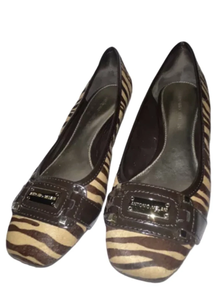 Tacones de cuero de vaca ANTONIO MELANI marrón y dorado con estampado de cebra logotipo dorado para mujer talla 8M Foto 1 de 4