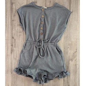 Hayden GIrls Navy Blue Striped Button Front Ruffle Hem Romper, Size 5 (k9) - Picture 1 of 3