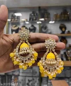 Bollywood Style Gold Plated Indian Party Enameled Kundan Jhumka Earrings Set - Picture 1 of 3