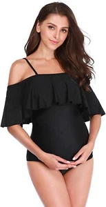 DERCLIVE Damen Umstands Badeanzug Einteiler Sling Off Shoulder Gr. S schwarz - Bild 1 von 7