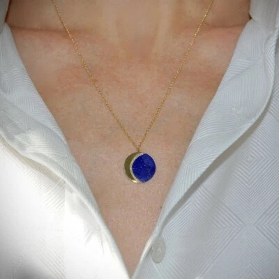 14k Yellow Solid Gold Lapis Lazuli & Natural Diamond Crescent Pendant Necklace - Image 1 of 4