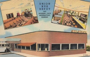 LP69 Union Bus Depot Warren Cafe Manhattan Kansas Linen Curteich Postcard - Picture 1 of 2