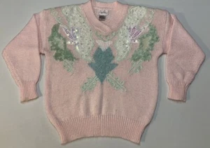 Vintage 80’s Jaclyn Smith K-Mart Sweater Large Pink Blue Shoulder Pads Sequins - Picture 1 of 14