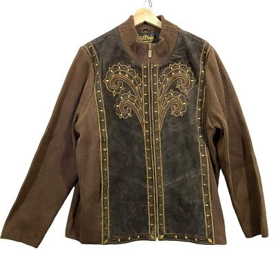 Chaqueta de cuero marrón Bob Mackie Wearable Art Vintage para mujer talla XL  Foto 1 de 4