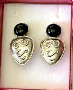 Vintage Sterling Silver Clip Earrings w/ Black Onyx (Ethnic) - Bild 1 von 3