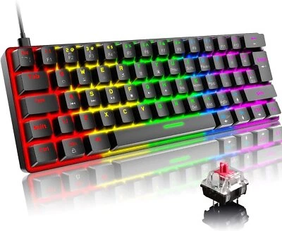UK Layout 60% Wired Mechanical Keyboard USB RGB LED Backlit Red Switch 61 Keys - Image 1 of 4