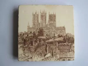 ANTIQUE VICTORIAN MINTON'S VIEWS CERAMIC TRIVET TILE - LINCOLN CATHEDRAL c1885 - Picture 1 of 3