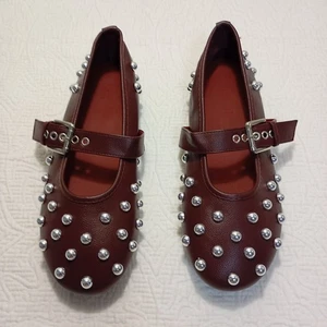ZRSHENUTO Brown synthetic Leather Studded Flats Size 38 With Buckle Strap - Picture 1 of 9