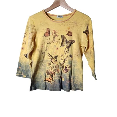 Top CACTUS Amarillo Desvanecido a Gris Mariposa Floral Boho Hippie Manga Larga Talla S Foto 1 de 4